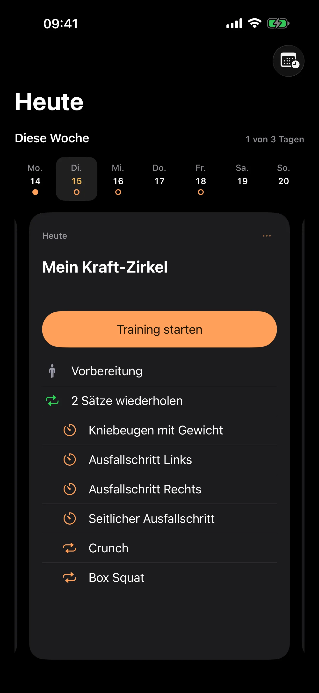 Dein heutiges Training auf einen Blick.