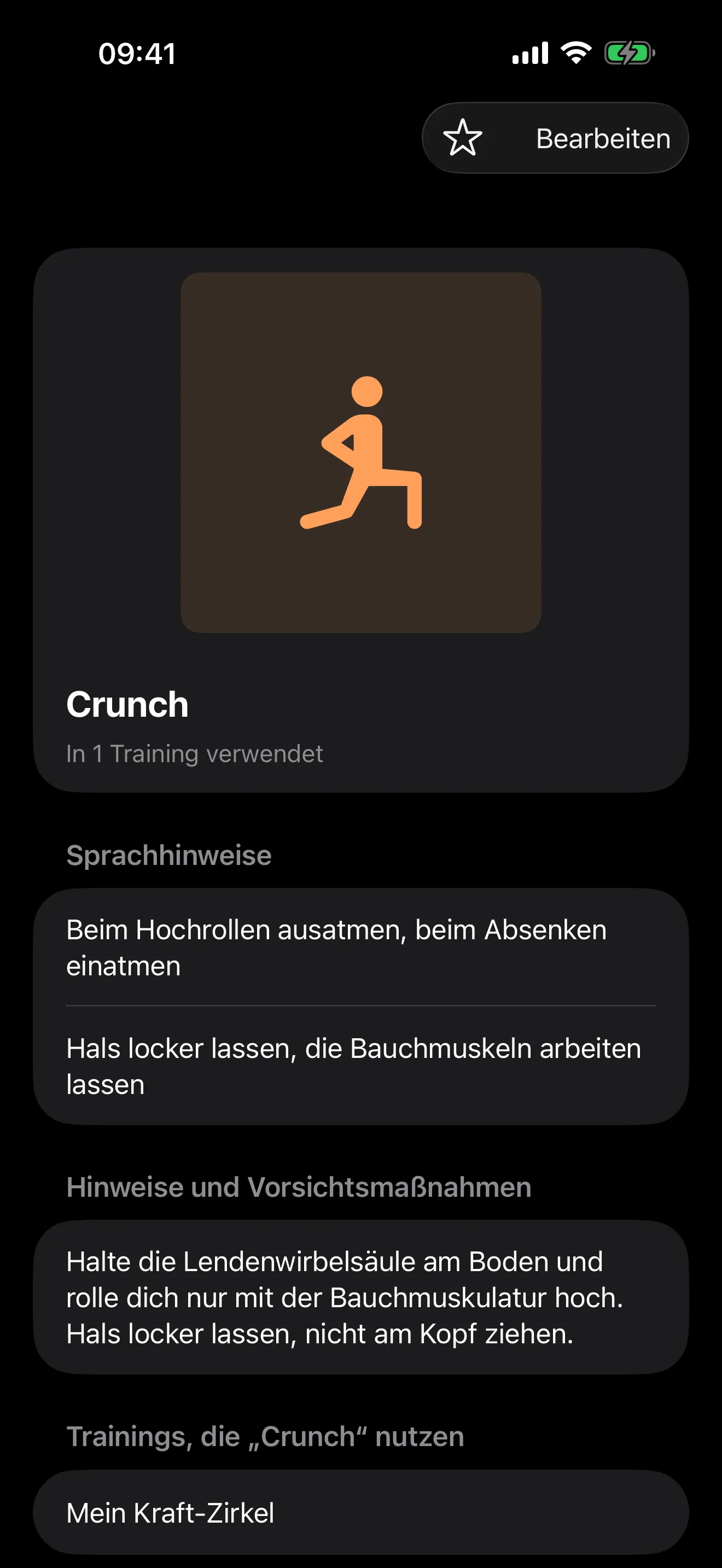 Details speichern. Hinweise im Training hören.